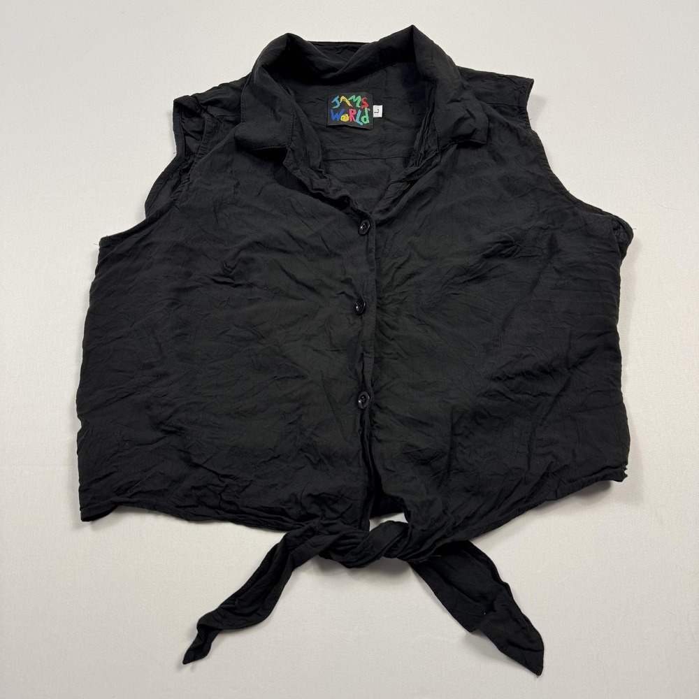 Vintage Jams World Shirt‎ Womens Large Black Rayon Button Tie Front Sleeveless
